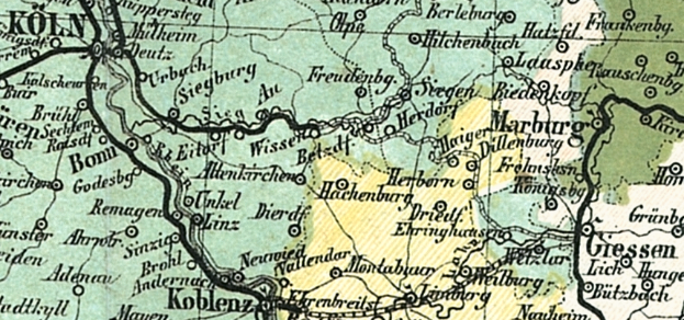 Ein detaillierter alter Stadtplan der Stadt Köln, Deutschland, der Straßen, Gebäude und Sehenswürdigkeiten mit Text zeigt, der den Standort der Stadt angibt.