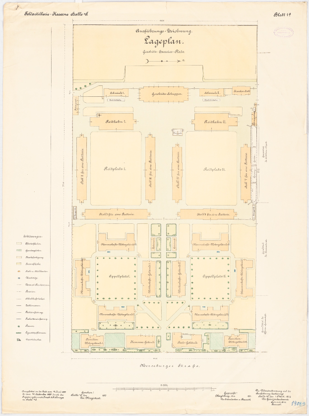 Ein altes Stadtplan von Köln, Deutschland, das die Gebäudeanordnung mit begleitendem Text zeigt.