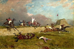 Gemälde namens 'Pferd springt' von George Stubbs, das Reiter auf Pferden zeigt, die über einen Hügel springen, mit einer Fahnenstange und einem bewölkten Himmel im Hintergrund.