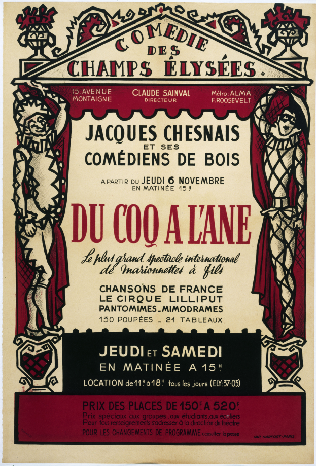 Plakat, das eine Comedy-Show auf den Champs-Élysées in Paris ankündigt, mit Text und Bildern.