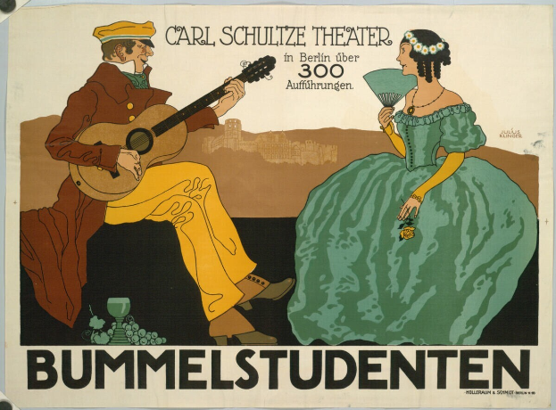 Plakat für ein Konzert im Carl-Schulze-Theater in Berlin, Deutschland, mit einem Mann, der eine Gitarre spielt, und einer Frau, die einen Fächer hält, sowie Text auf dem Plakat.