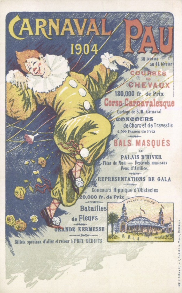 Ein altes Buch mit einem bunten Clown auf dem Cover, der ein Kostüm trägt und einen verschmitzten Ausdruck hat, betitelt mit "Carnaval Pau 1904".
