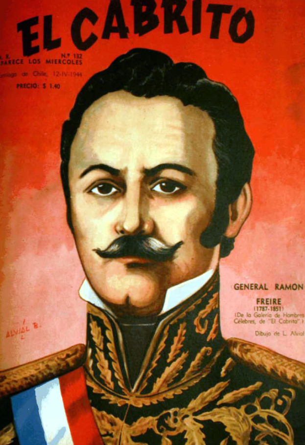 Ein Plakat, das einen Mann mit Schnurrbart, kräftigem Kinn und markanter Nase zeigt, der direkt in die Kamera schaut und einen ernsten Ausdruck hat, mit der Aufschrift "El Cabrito".