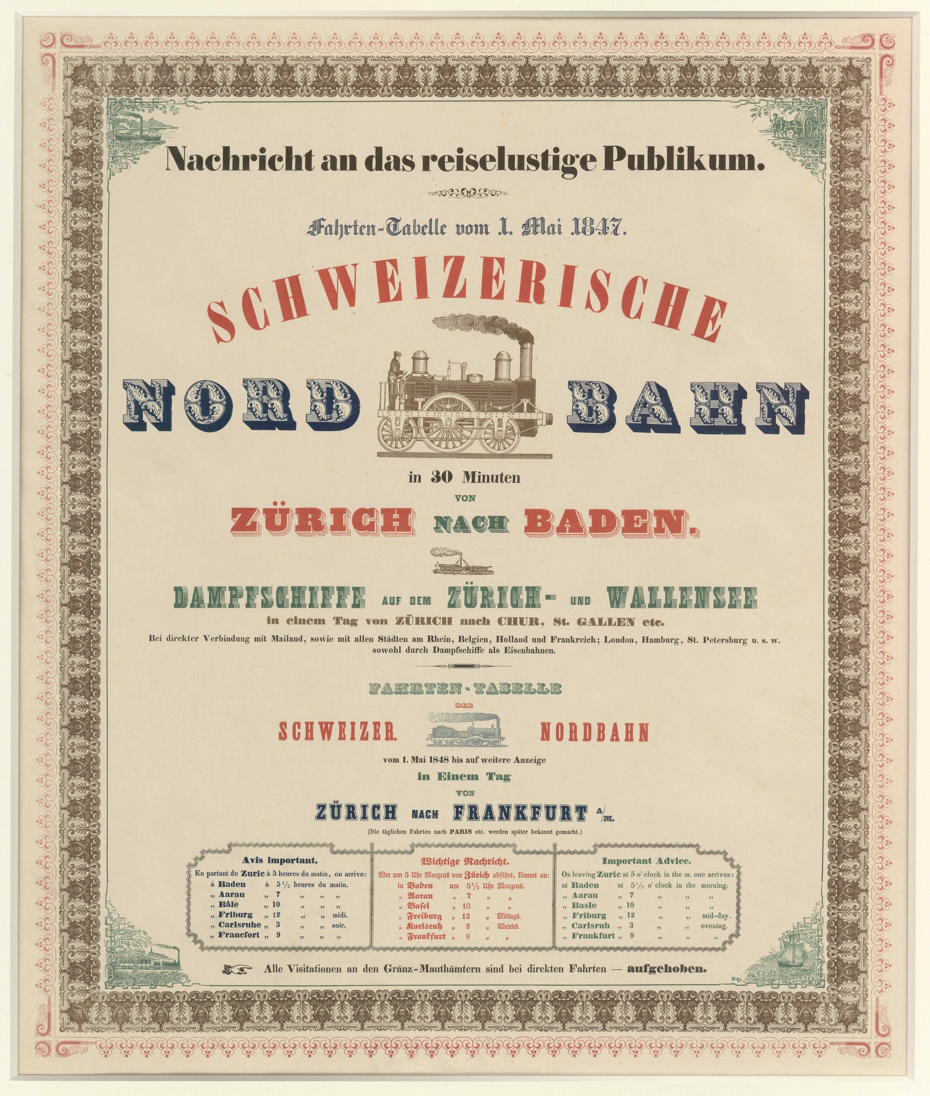 Plakat mit einem Zug mit der Aufschrift "Schweizerische Nordbahn in Baden, Deutschland" in der Mitte auf einem hellgelben Hintergrund mit einem schwarz-weißen Karomuster und einem dekorativen Rahmen.