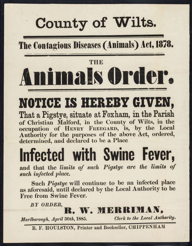 Plakat betitelt "Der Landkreis Wilts, Das Gesetz über ansteckende Tierkrankheiten, 1878" mit Text über Schweinefieber-Benachrichtigungen.