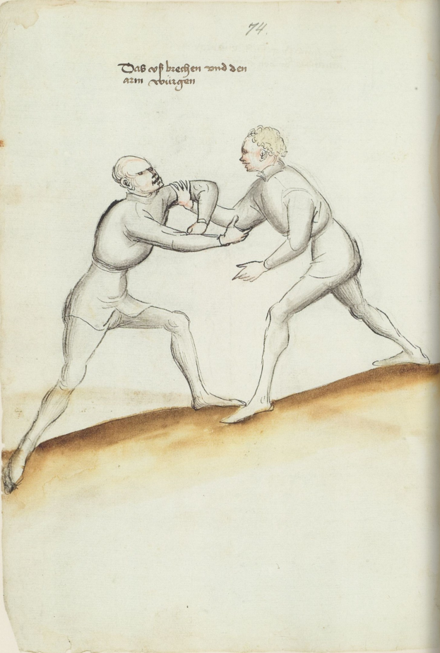 Zwei Männer stehen sich gegenüber und geraten in eine körperliche Auseinandersetzung, wobei einer einen Schlag austeilt und auf einem Blatt Papier mit sichtbarem Text steht.