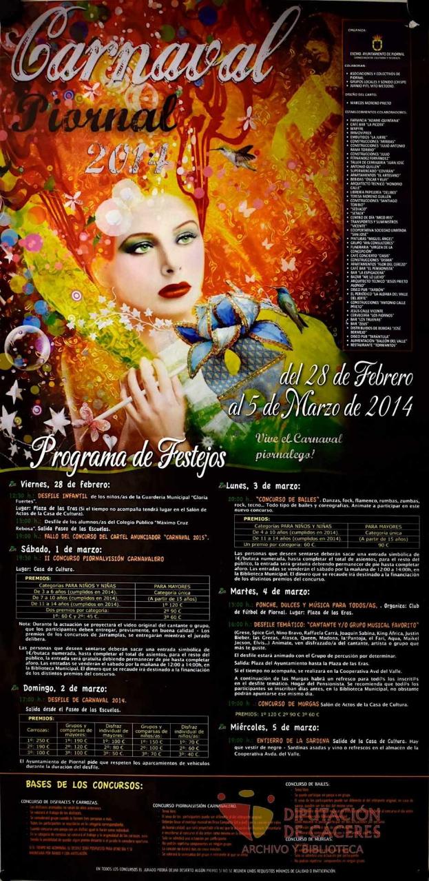 Plakat für das Karnevalsfest 2014 mit einer lachenden Frau in einem bunten Kleid vor einem gelben Hintergrund, umgeben von fetter schwarzer Schrift.