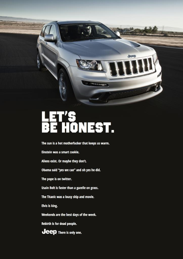 Ein Auto mit Textzitaten darunter.