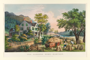 Ein Gemälde einer Farmszene mit einem Haus, Bäumen, Pflanzen, Gras, Tieren, einem Wagen, Menschen, einem Zaun, Wasser, Hügeln und einem bewölkten Himmel; unten steht der Text "Die Ernte zu Hause auf dem Bauernhof".