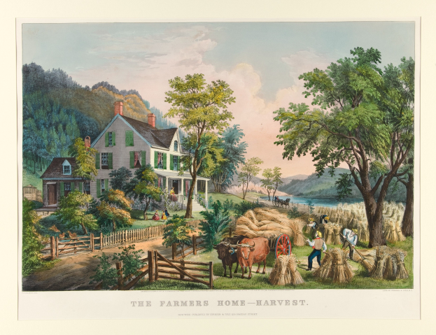 Ein Gemälde einer Farmszene mit einem Haus, Bäumen, Pflanzen, Gras, Tieren, einem Wagen, Menschen, einem Zaun, Wasser, Hügeln und einem bewölkten Himmel; unten steht der Text "Die Ernte zu Hause auf dem Bauernhof".