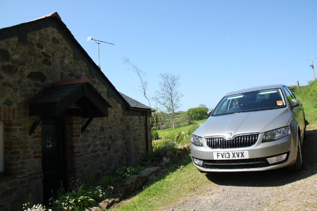 Eine Szene mit einem Haus, einem Zaun und verschiedenen Pflanzen und Bäumen links und einem Auto, Strommast und mehr Vegetation rechts unter einem sonnigen Himmel.