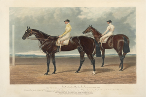 Zwei Jockeys auf Pferden in einer Wiese mit einem Pfahl auf der linken Seite und Himmel im Hintergrund, mit Text unten, der "Der Gewinner des Great St. Leger Series in Danvers 1841" lautet.
