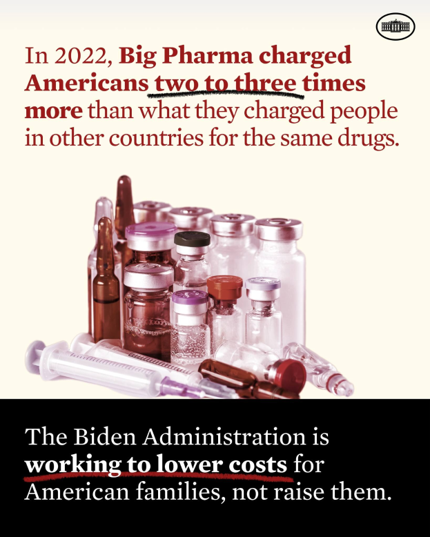 Ein Plakat, das zeigt, dass Big Pharma in den USA 2022 für dieselben Medikamente zwei bis drei Mal so viel verlangte wie in anderen Ländern, mit Bildern von Medikamentenflaschen und einer Spritze darunter.